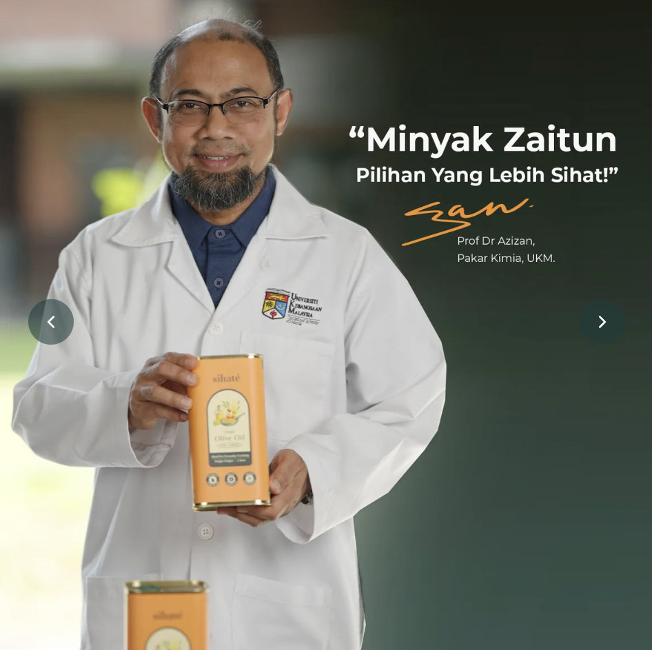 Prof Dr Azizan memegang produk minyak zaitun Sihate