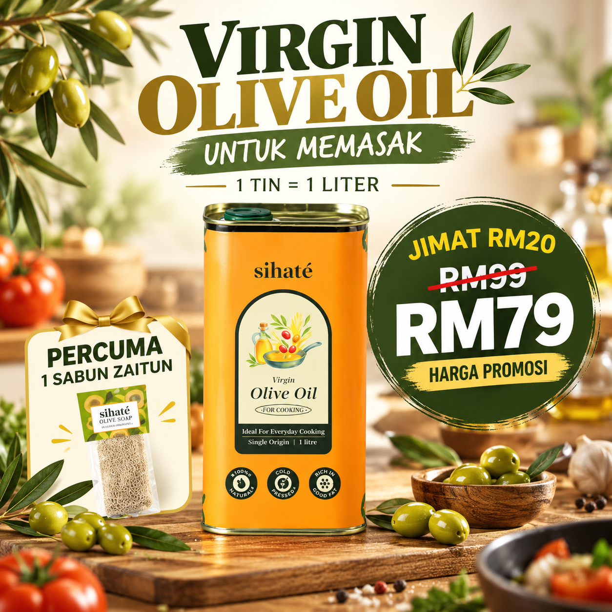 Promosi Sihate Virgin Olive Oil Cooking 1 liter, harga RM79
