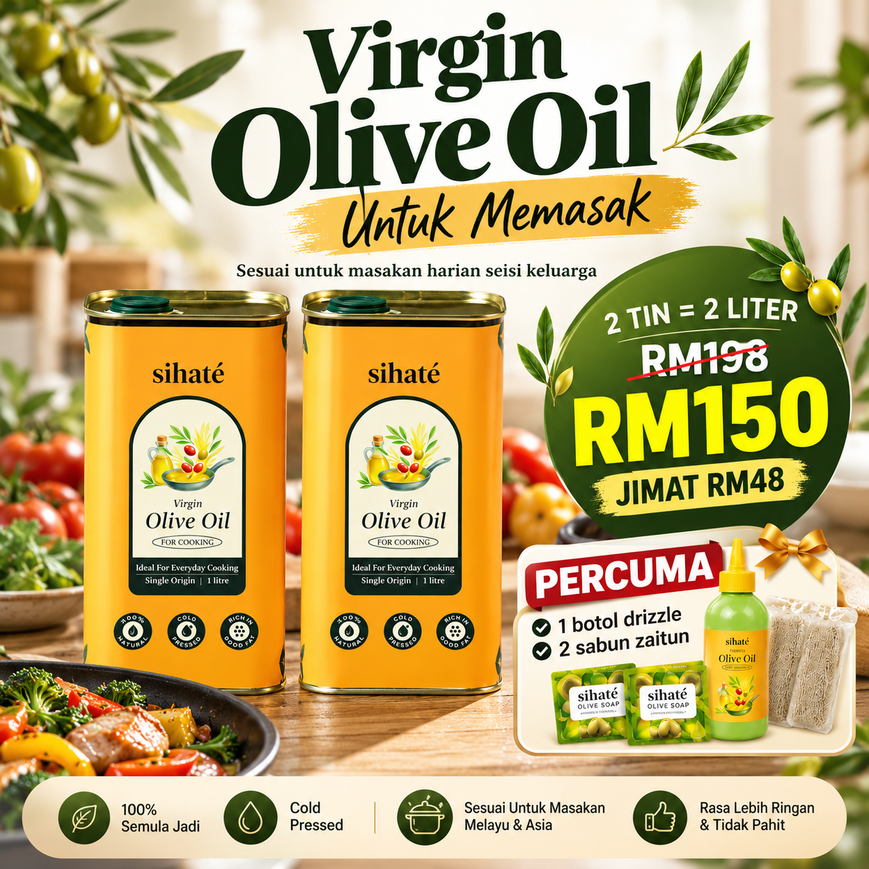 Promosi dua tin Sihate Virgin Olive Oil Cooking, 2 liter, harga RM150