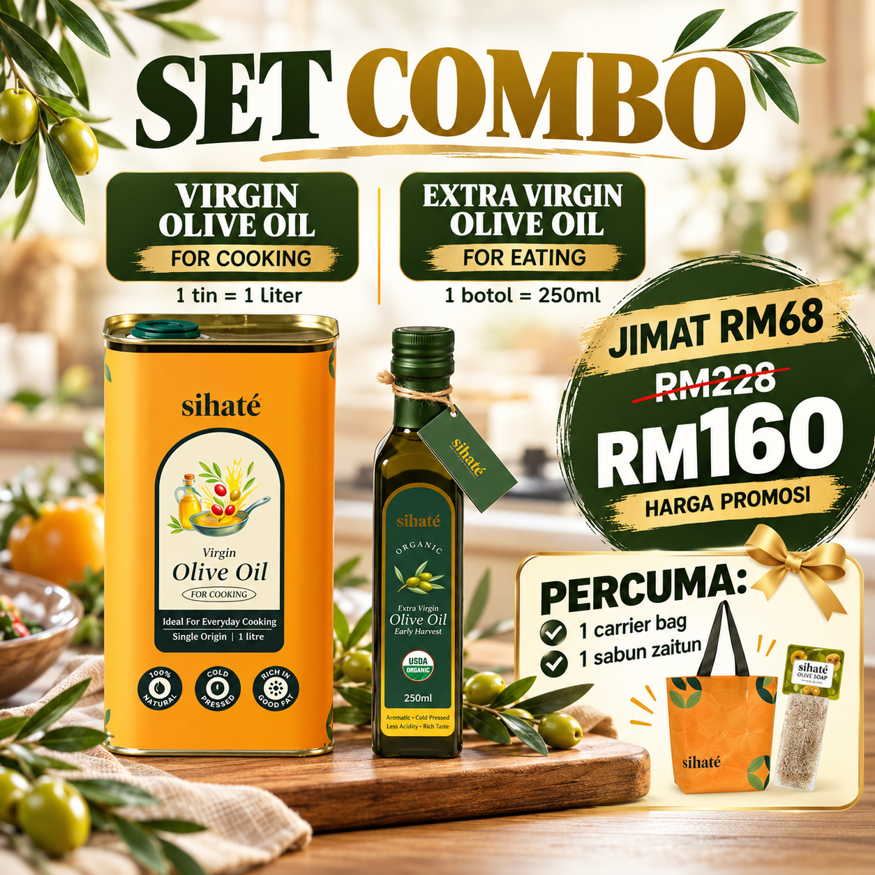 Set Combo Sihate: Virgin Olive Oil Cooking 1 liter dan Extra Virgin Olive Oil 250ml, harga promosi RM160